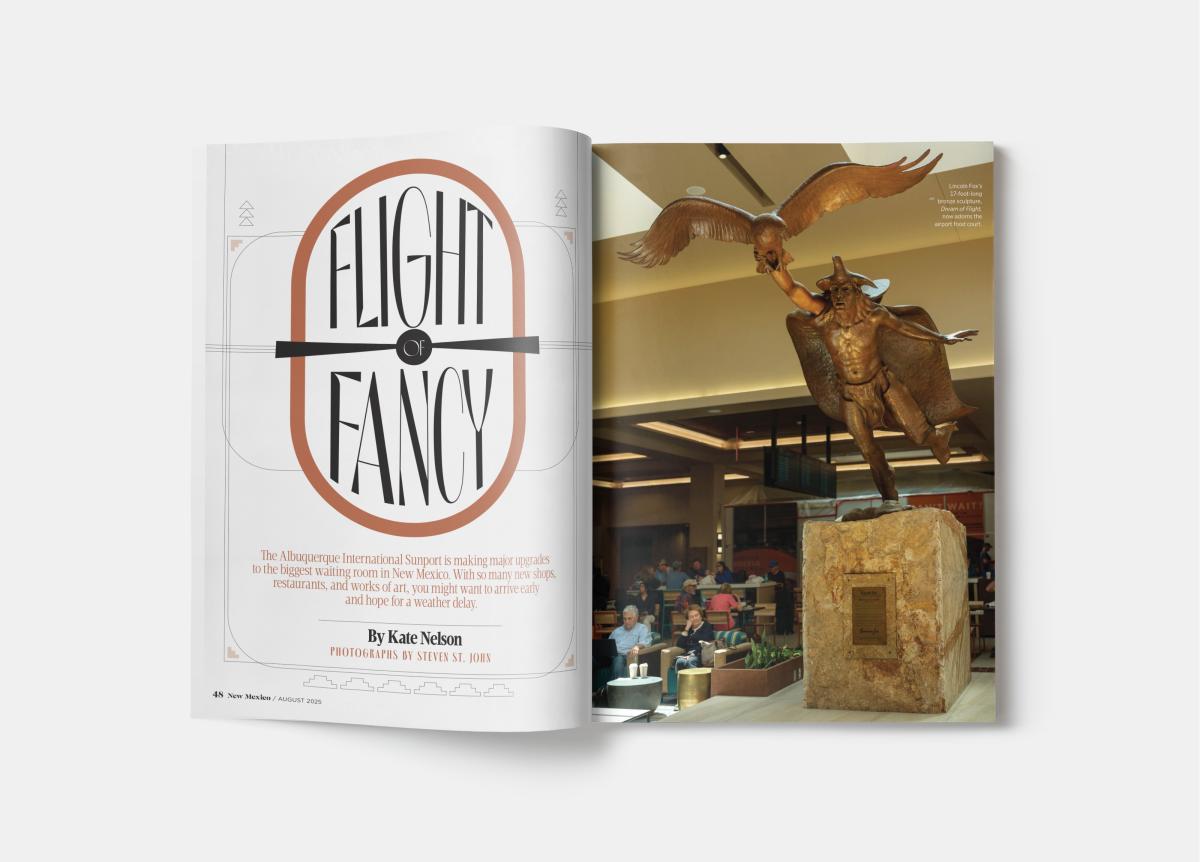 Magazine spread with the title “Flight of Fancy” next to a bronze winged sculpture in an airport.