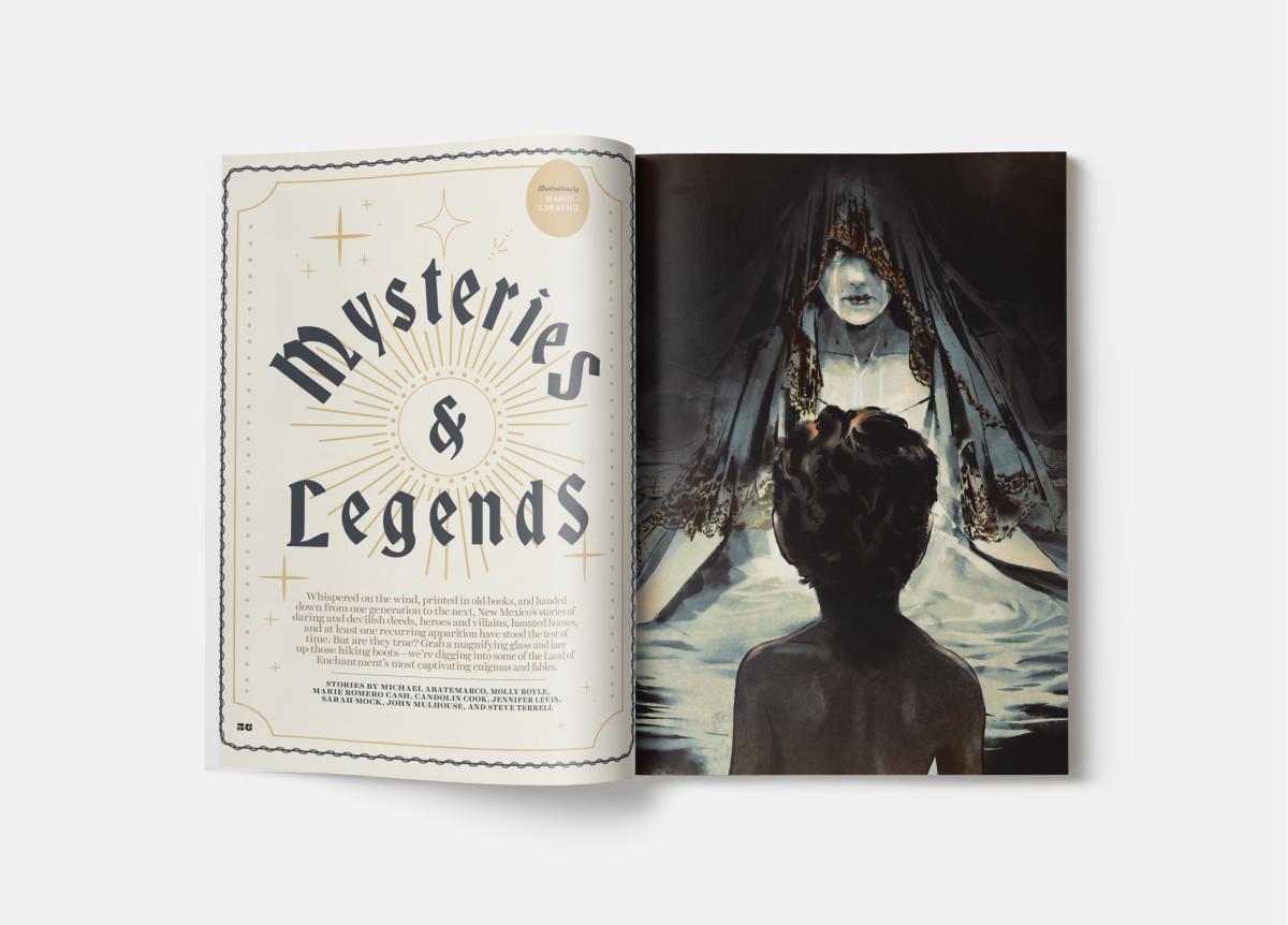 Magazine spread titled “Mysteries & Legends” with an illustration of a veiled figure facing a seated child.