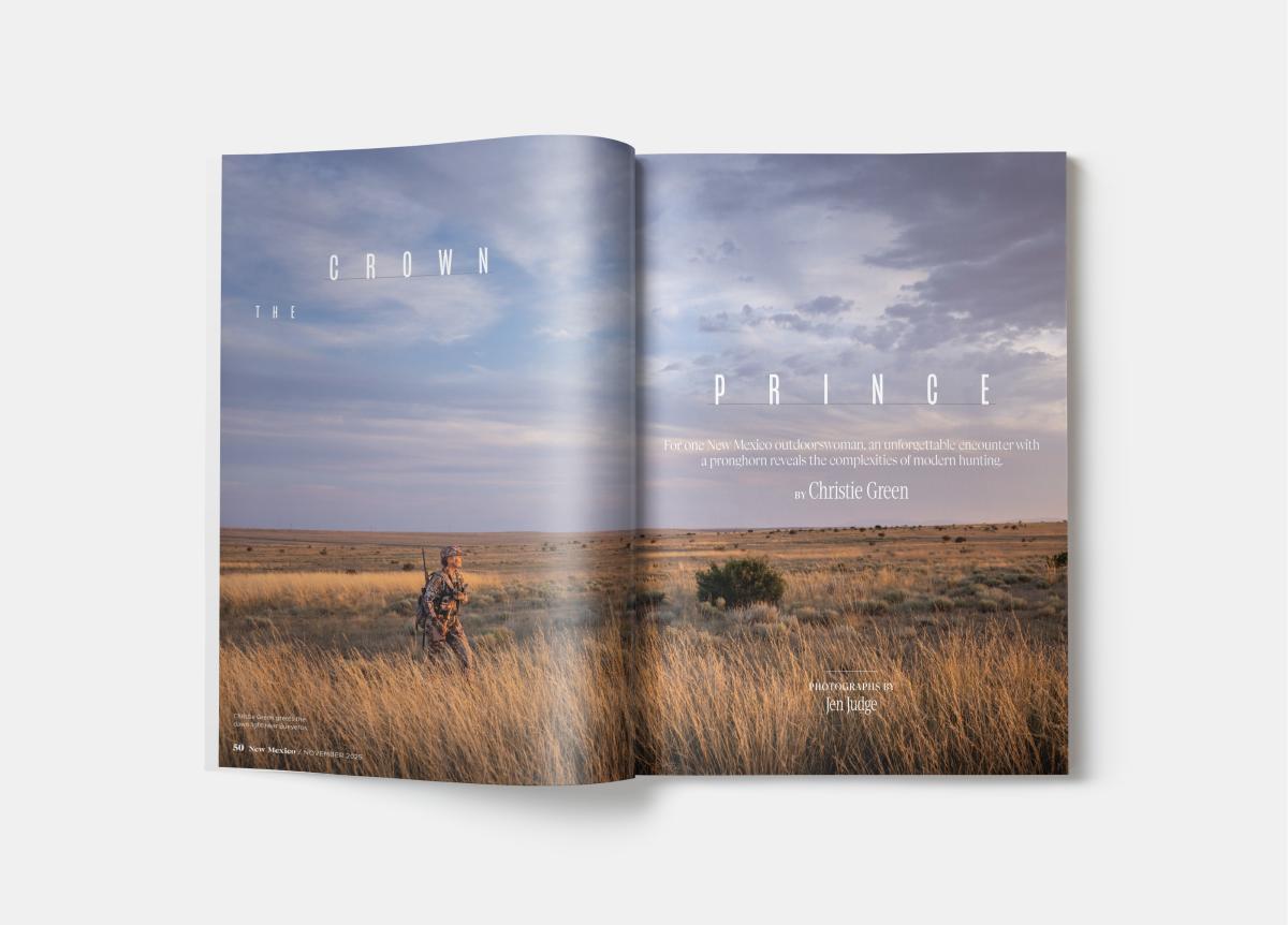Magazine spread with a wide grassland scene featuring an outdoors person walking through tall grasses.