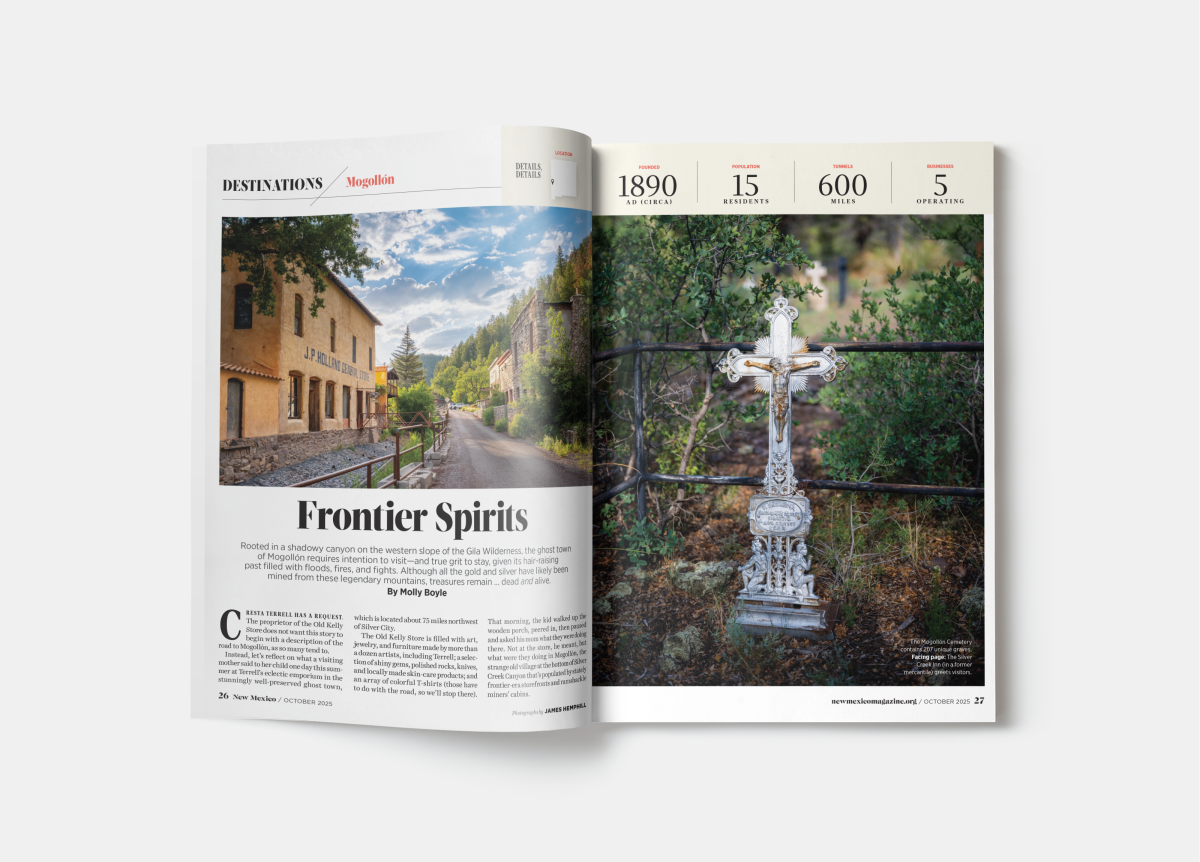 Magazine spread showing a historic Mogollón street on one page and a decorative cemetery cross on the other.