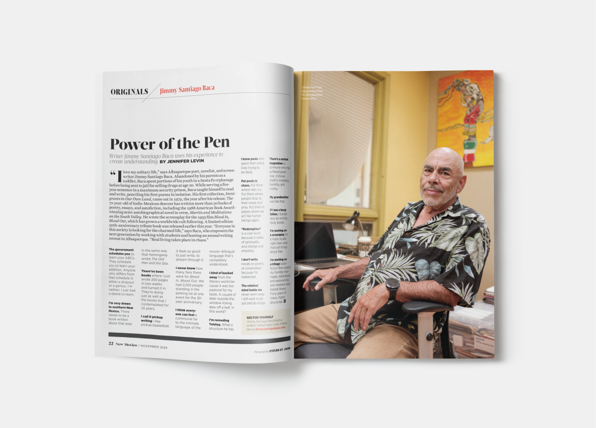 Open magazine spread with an article titled "Power of the Pen." On the right, a man in a floral shirt sits in an office.