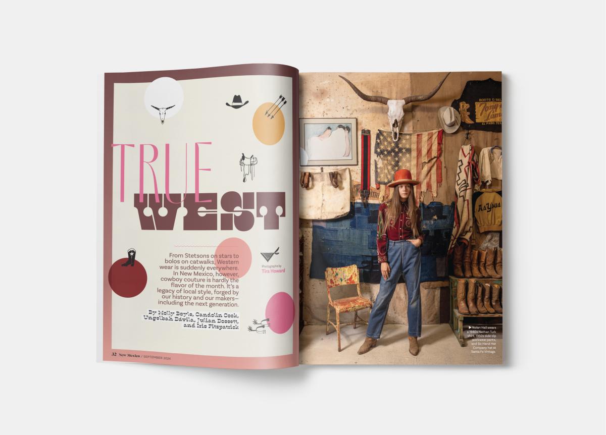 Magazine spread titled "True West." Left page features western-themed illustrations and text. Right page shows person in western attire, standing in rustic room with cowboy hats, boots, denim, and an American flag.