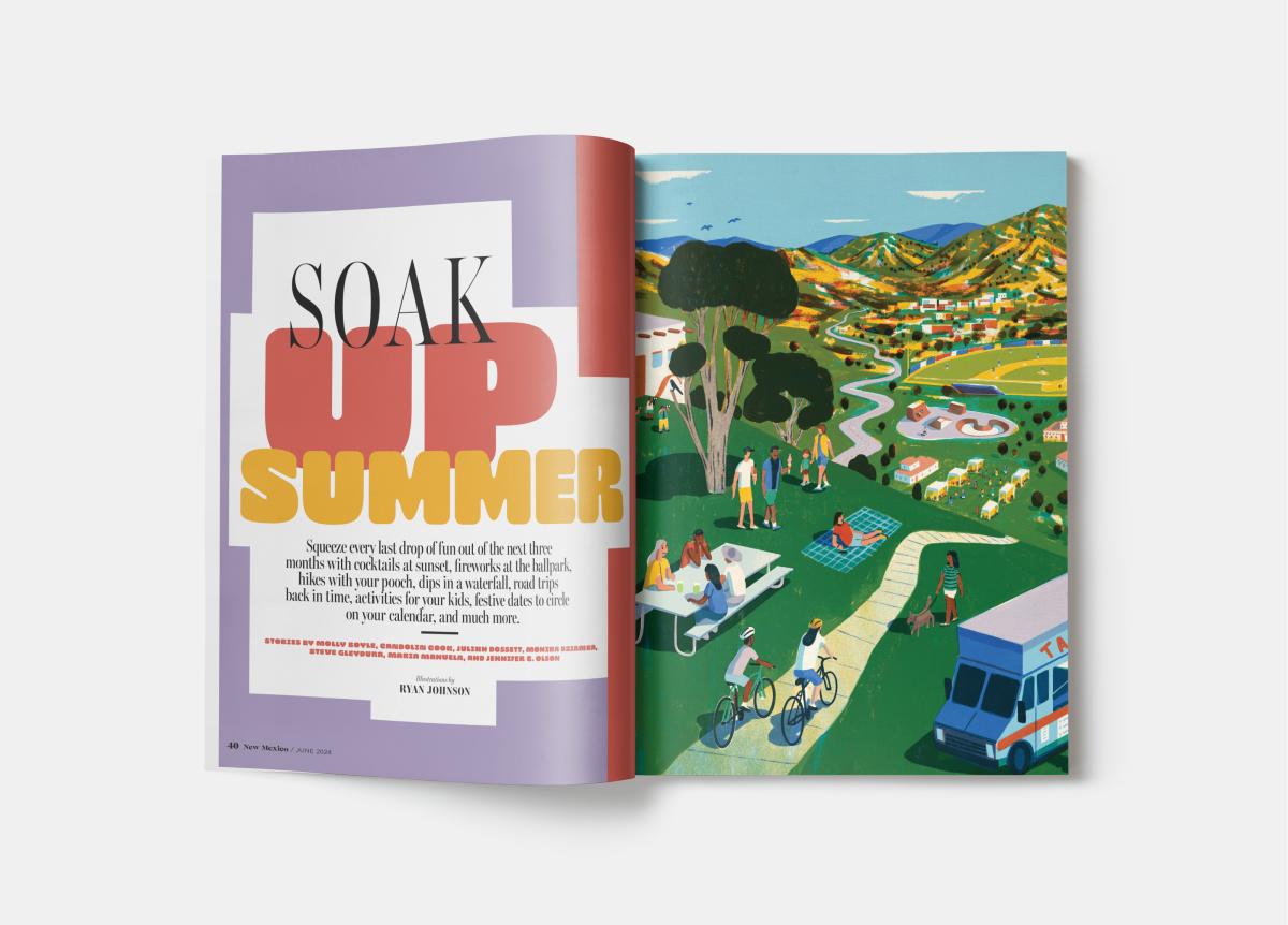 Magazine spread with "Soak Up Summer" in bold text on the left. Right features a vibrant illustration of a sunny park scene with people cycling, picnicking, and a mountain backdrop.