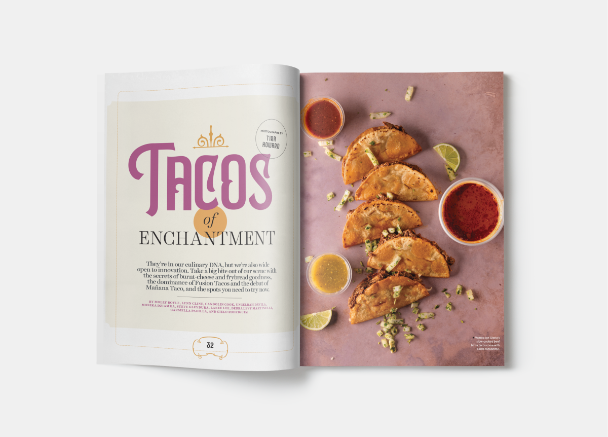 Open magazine showing "Tacos of Enchantment" title on the left page. Right page features five tacos with lime wedges and two dipping sauces on a pink surface.