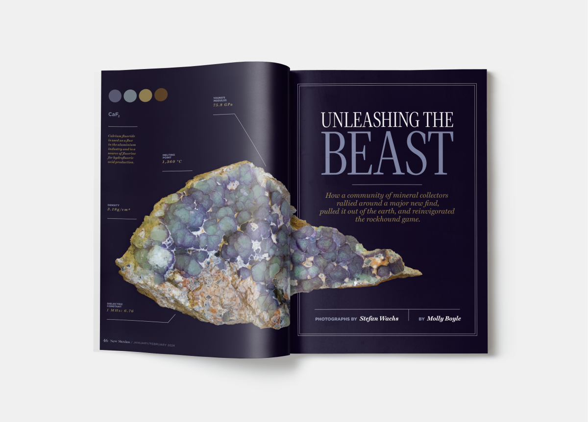 Open magazine spread with a large mineral rock on the left page, featuring colors like green, blue, and purple. The right page reads "UNLEASHING THE BEAST" in bold letters.