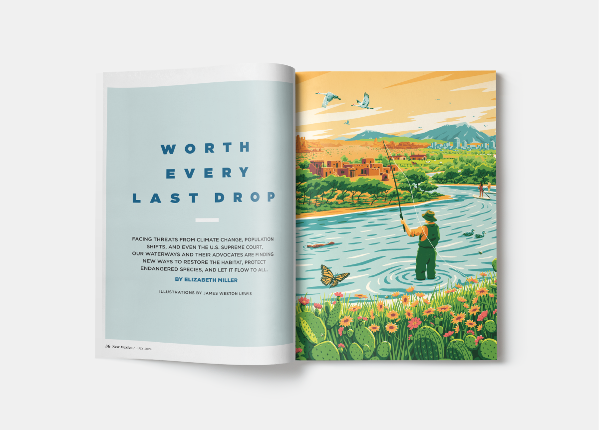 Magazine spread featuring an article titled "Worth Every Last Drop." The right page shows a vibrant illustration of a person fishing in a river surrounded by lush greenery and distant mountains.