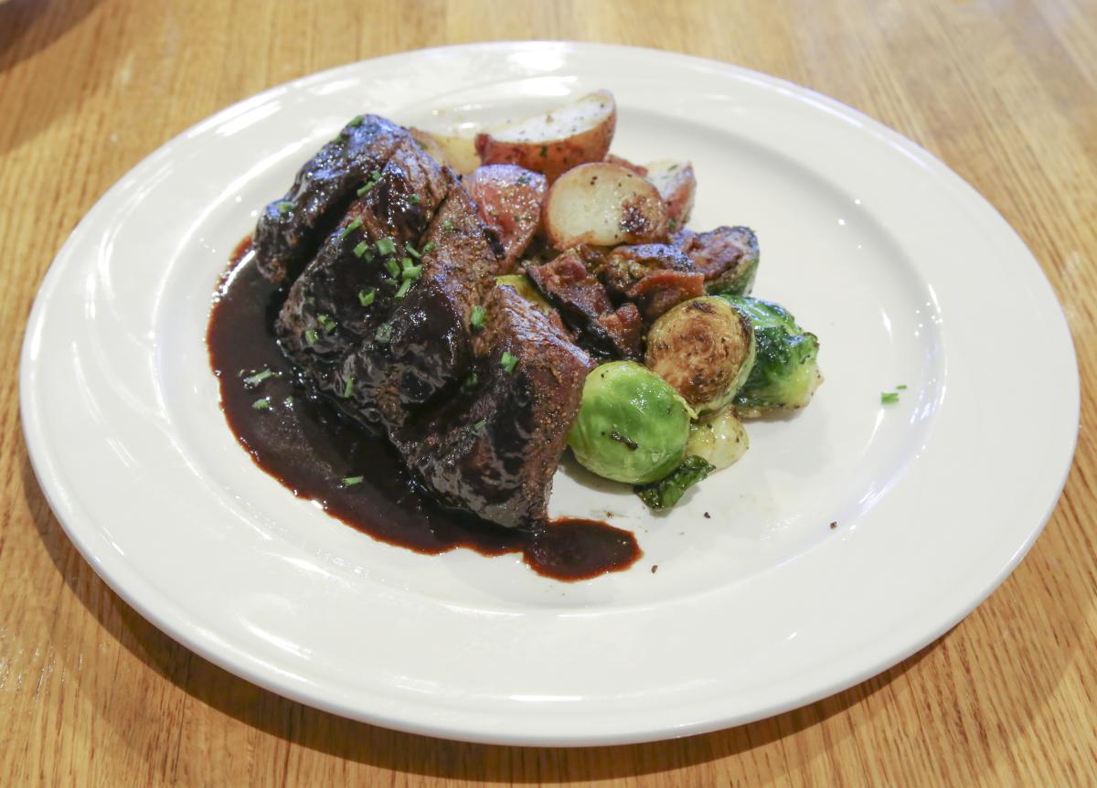 Porcini Bistro Filet. Porcini crusted bistro filet, roasted New Potatoes, bacon-braised Brussels sprouts and smoked porcini demi glaze. Taken 1/9/2017