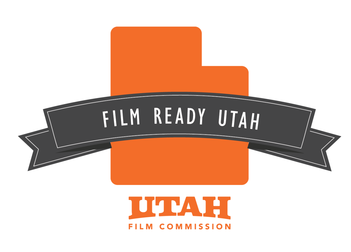 Film Ready Utah on dark grey ribbon banner over an orange Utah state shape with Utah Film commission below