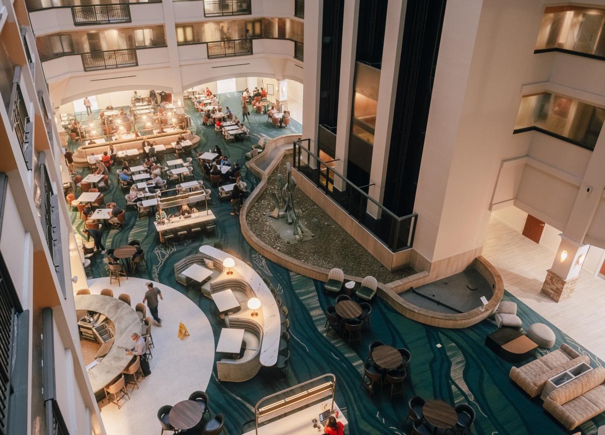 An aerial view of the newly rennovted atrium at Embassy Suites San Marcos