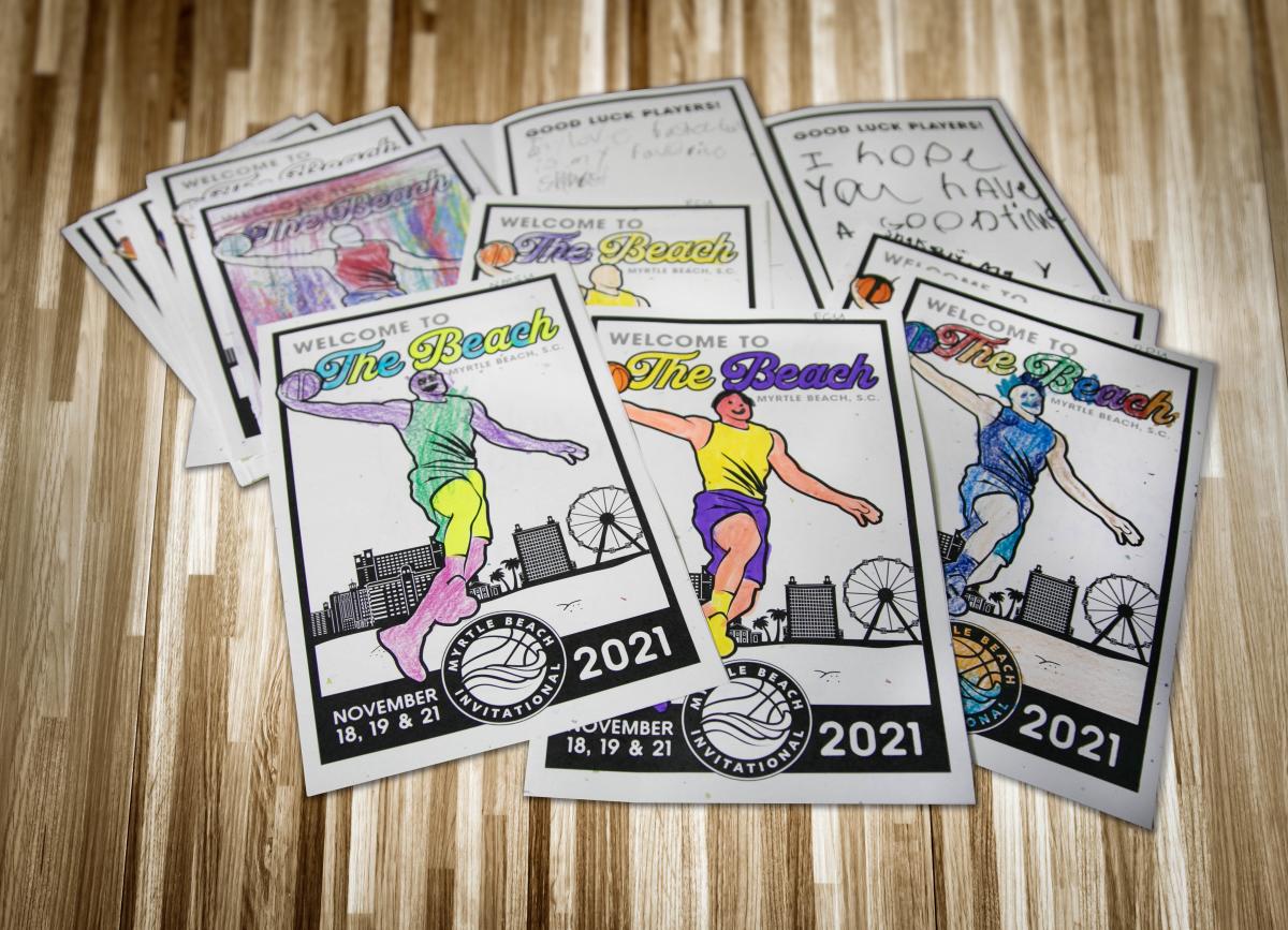 Kids coloring on Myrtle Beach invitational welcome cards