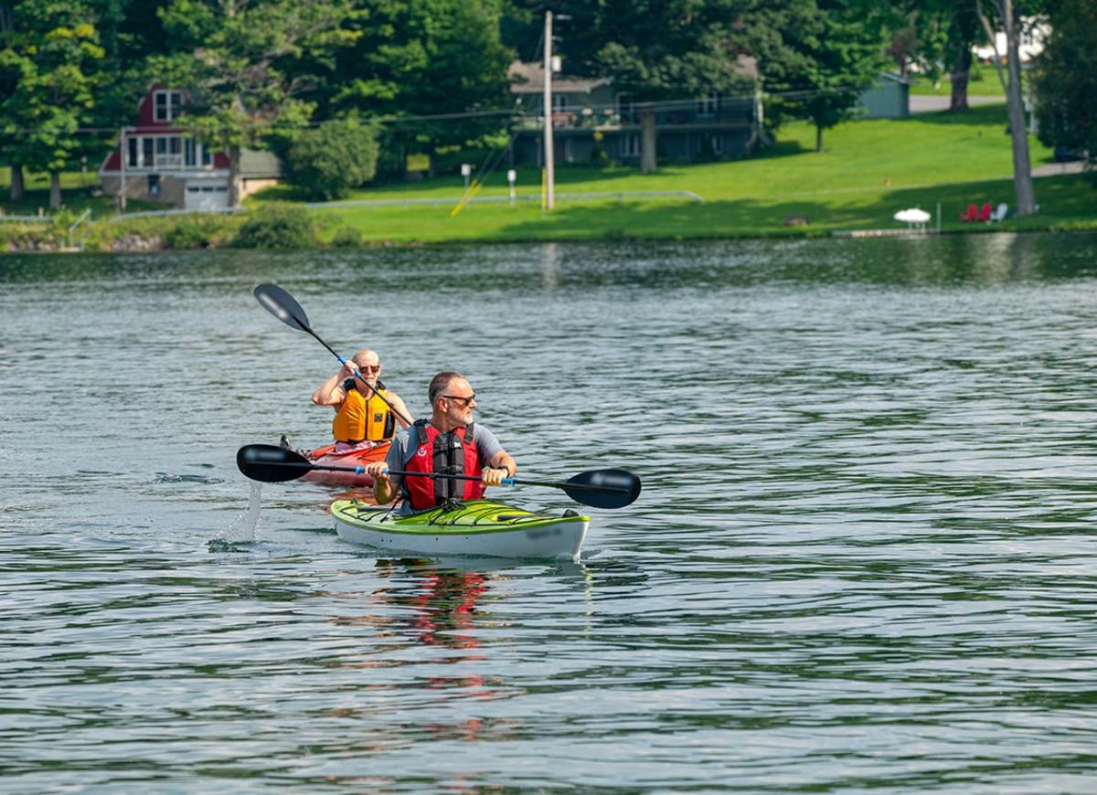 Two people kayaking on Lake Moraine