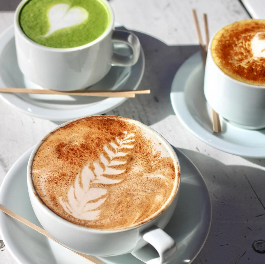 A Chai Latte, Golden Milk Latte, and Matcha Latte from The Grove Cafe and Market.