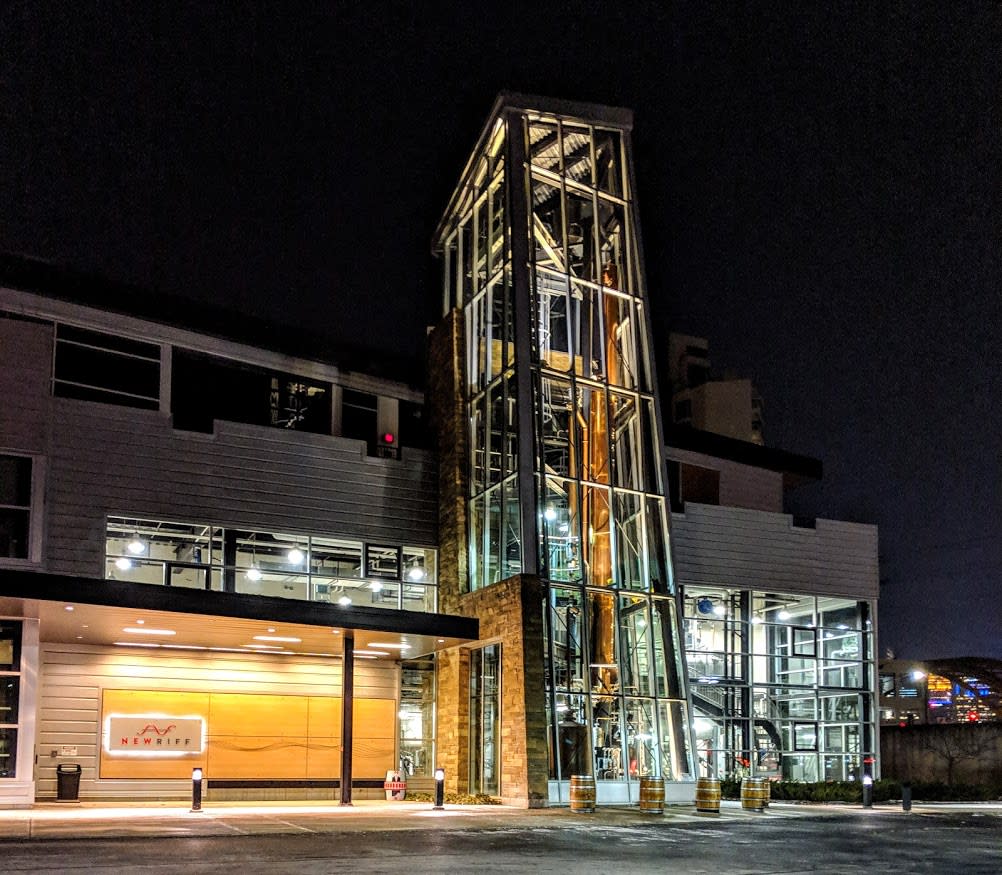 The copper column still inside its glass tower at New Riff Distilling