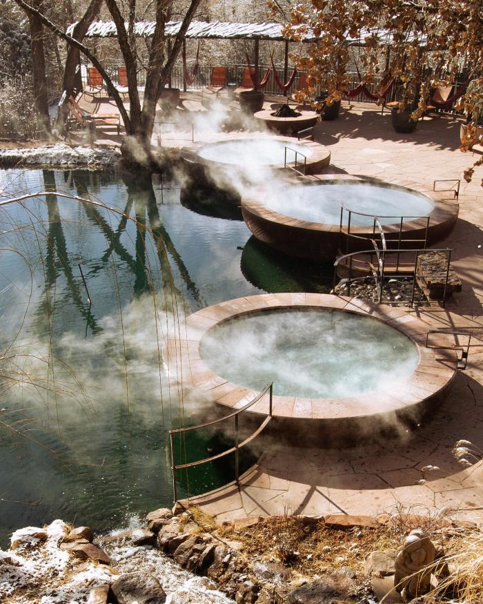 A glimpse at the outdoor pools at Ojo Santa Fe during the winter