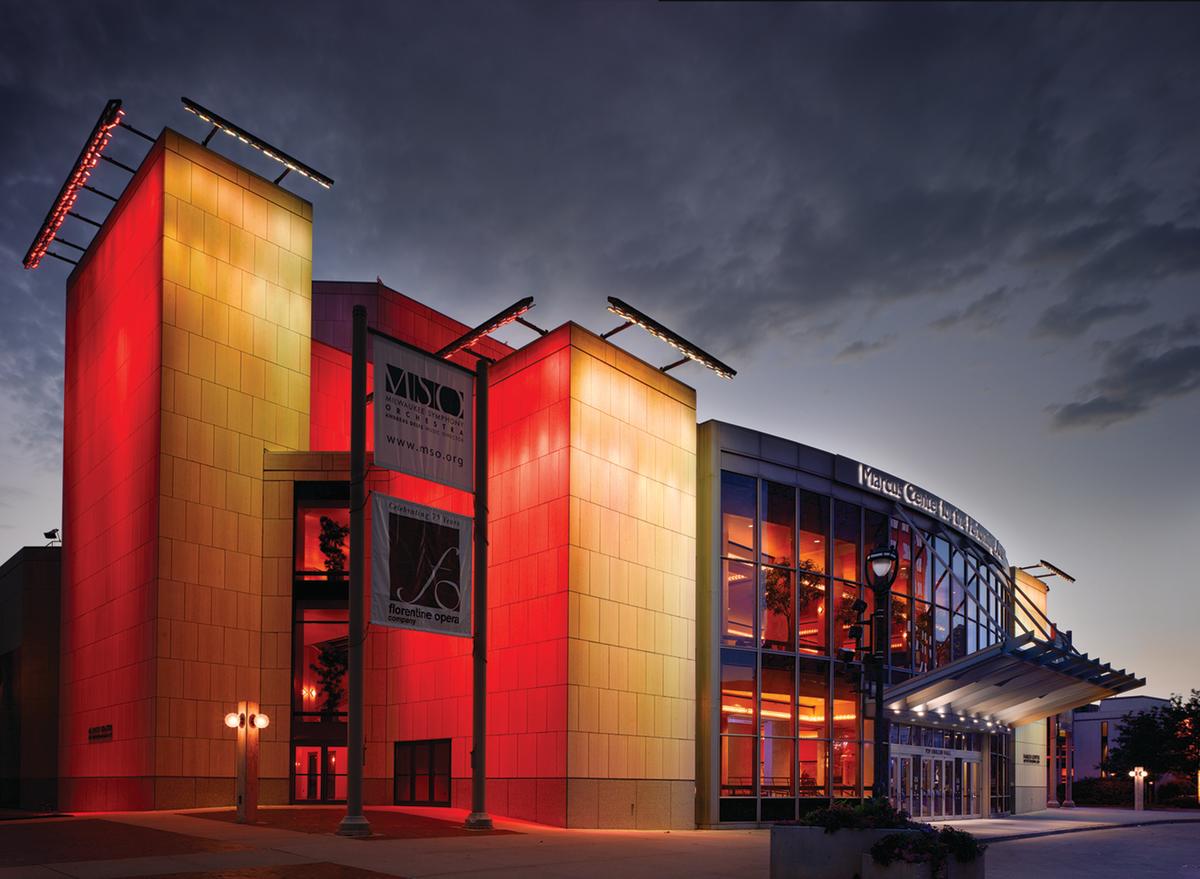 Exterior of the Marcus Performing Arts Center at night