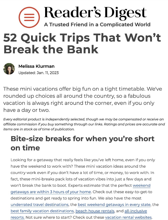 Reader's Digest 52 Quick Trips That Won't Break the Bank