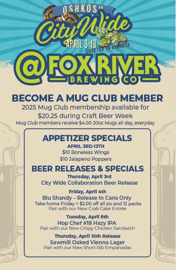 Fox River Brewing Company Oshkosh Craft Beer Week Specials