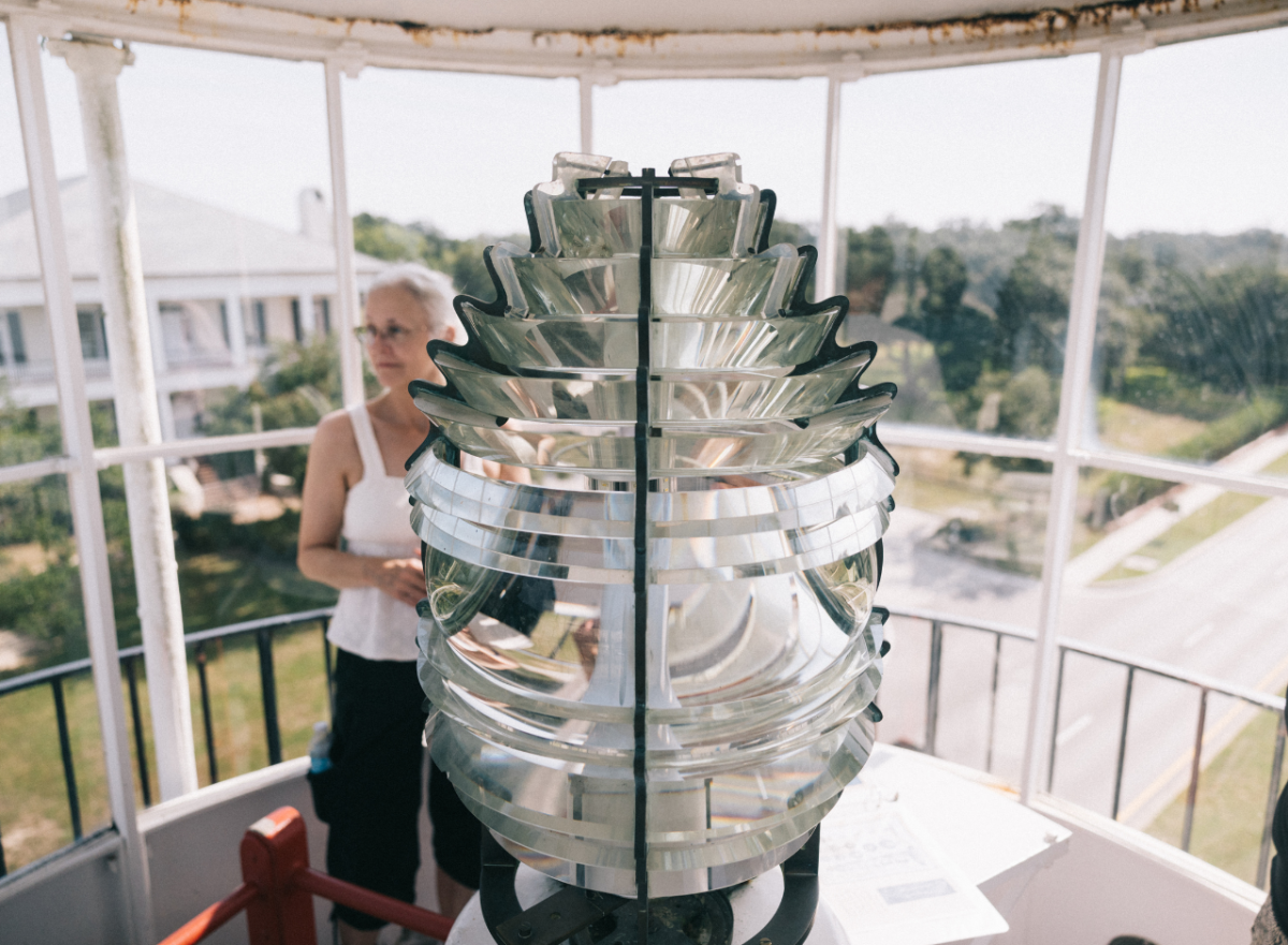 Up-close top interior view of Biloxi Lighthouse light