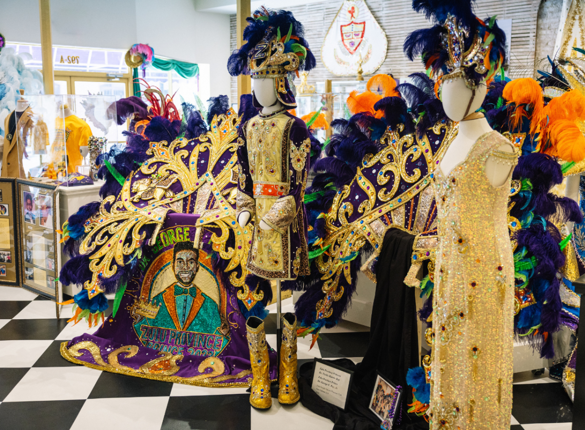 Mardi Gras costumes on mannequins at Coastal Mississippi Mardi Gras Museum