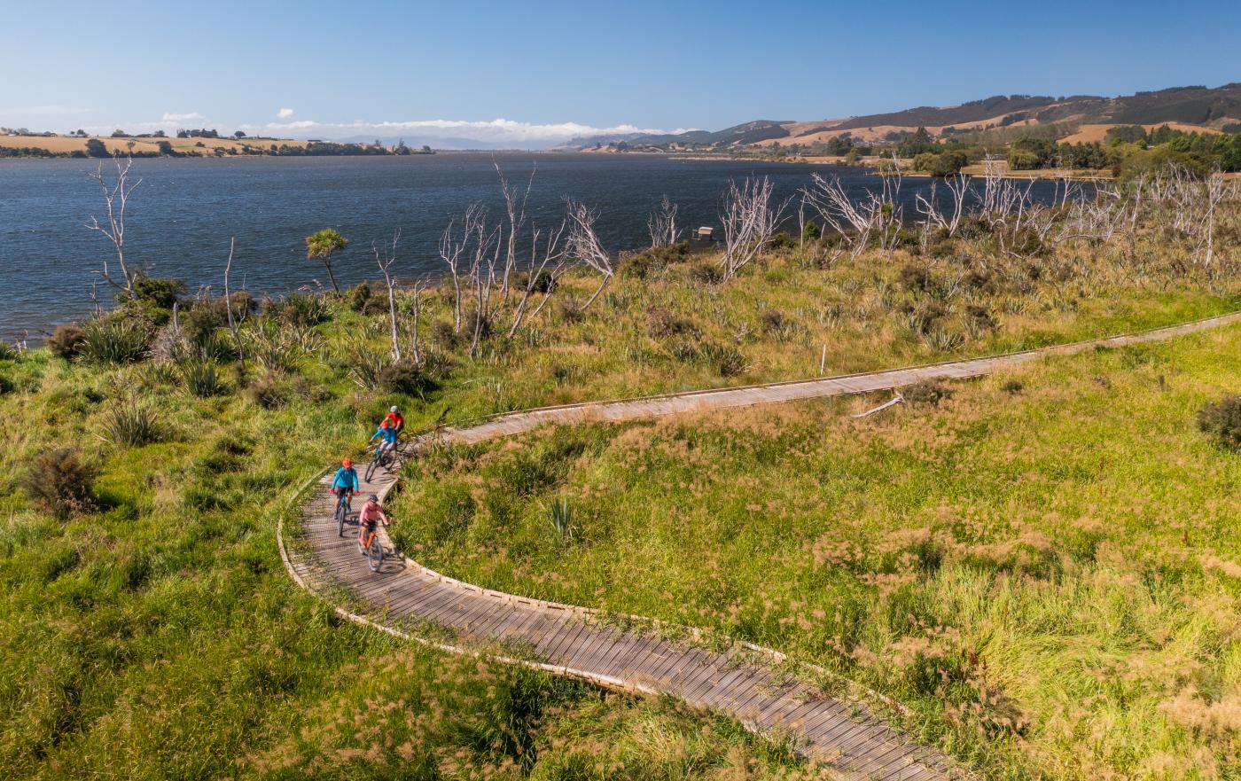 Aerial view of people biking next to a lake