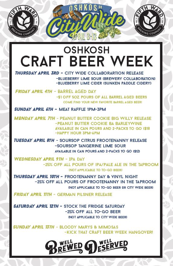 Fifth Ward Brewing Oshkosh Craft Beer Week Specials