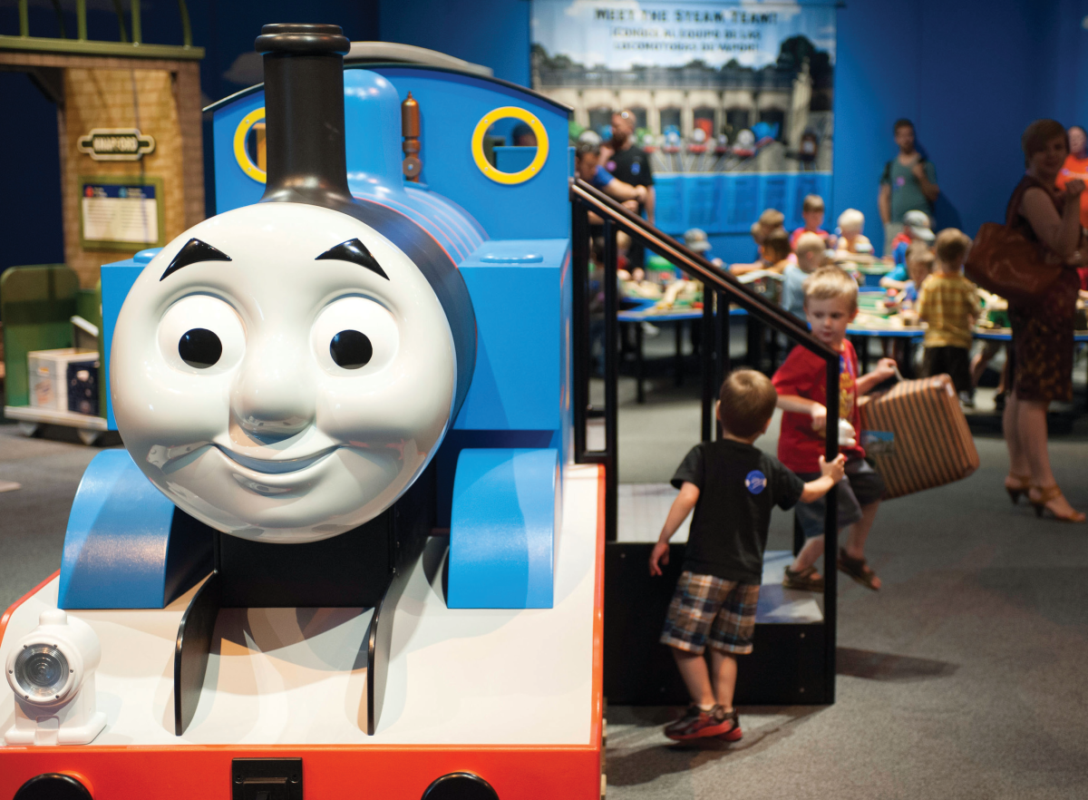 A large Thomas the Train figure is displayed at the traveling exhibit