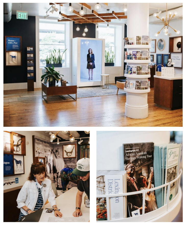 Collage with images from the Lexington Visitors Center showcasing brochures, staff assisting a visitor, and interior shots of the space