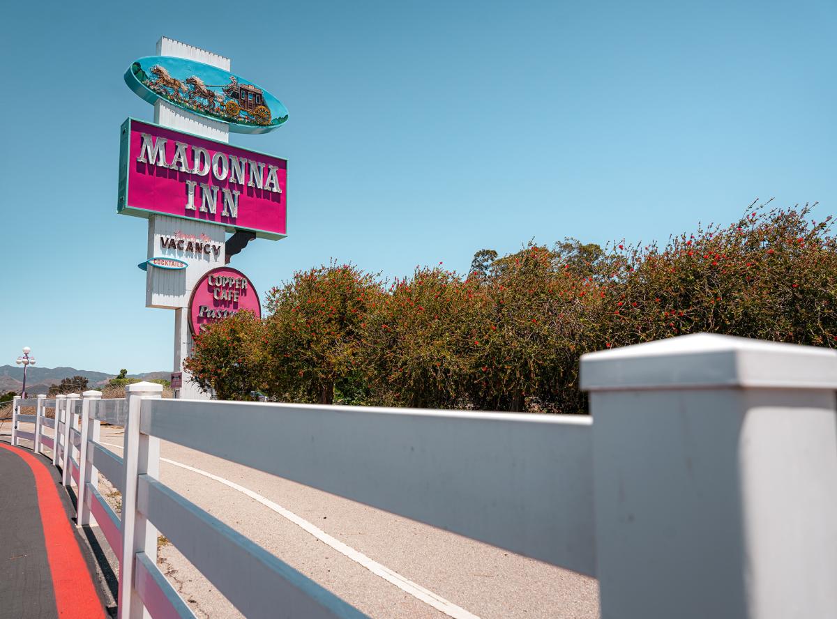 A view of the Madonna Inn sign