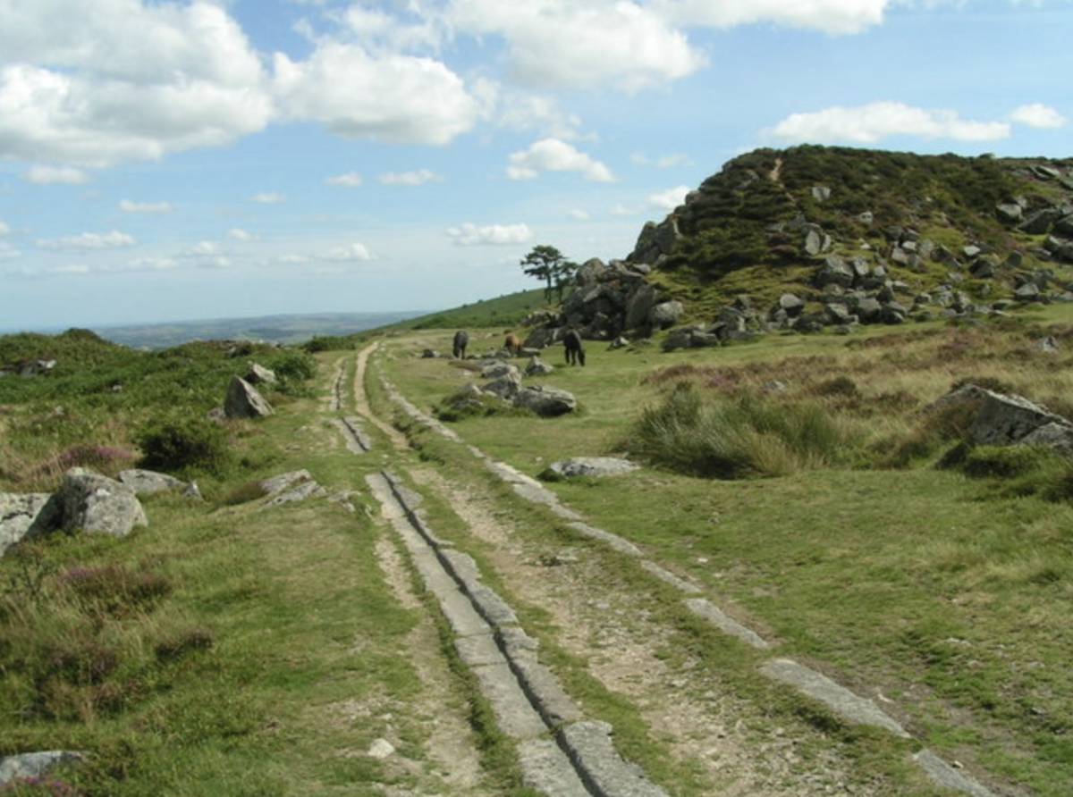 A dirt path with worn stone tracks winds through a green landscape under a blue sky with clouds. Horses graze near rocky terrain, evoking tranquillity.