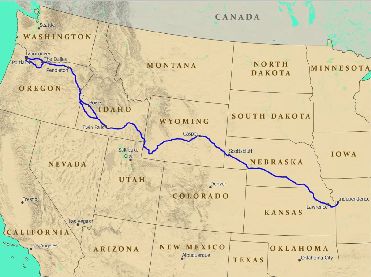 Map showing the Oregon Trail stretching from Missouri to Oregon.