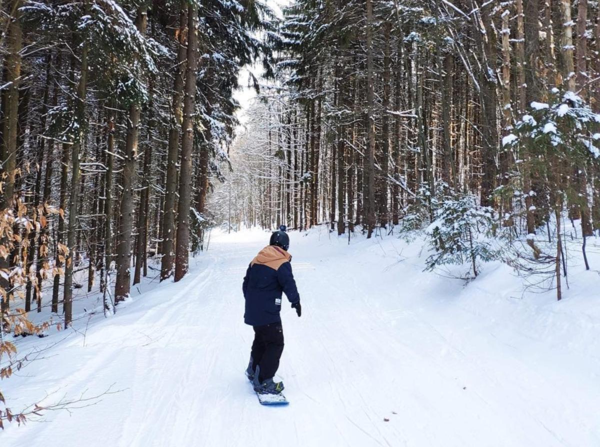 Man snowboarding down wooded trail