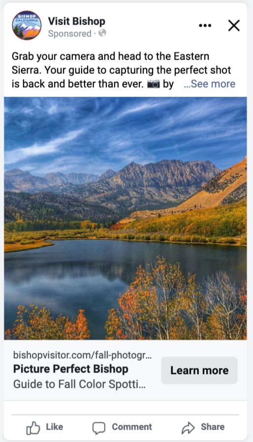 A Facebook ad for Bishop, California, with an image of a lake and fall foliage.