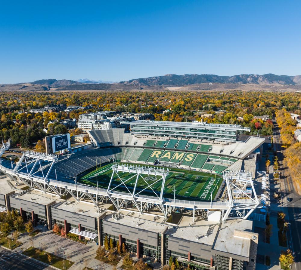 Drone aerial shot of Canvas Stadium at Colorado State University