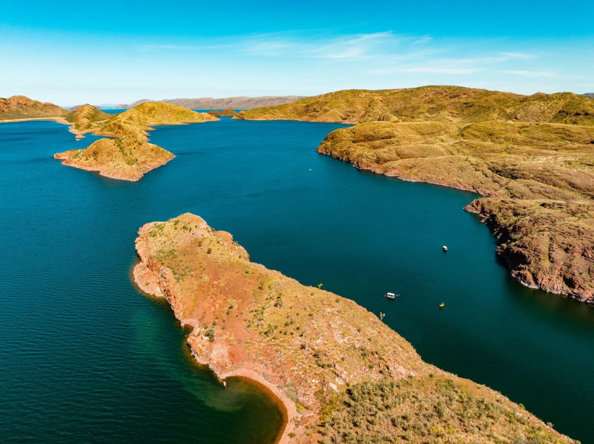 Aerial view of Lake Argyle with islands and boats