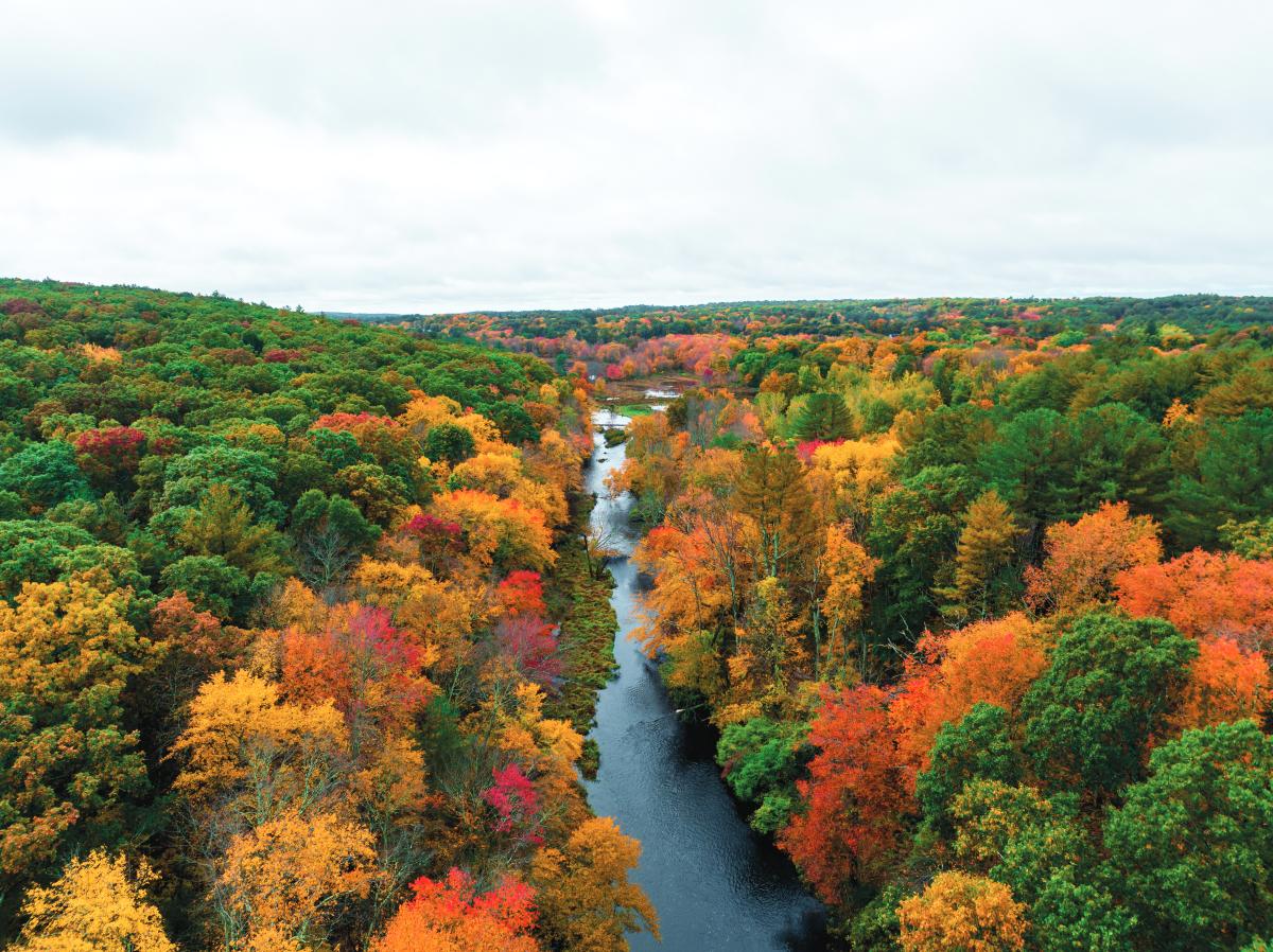 Aerial view of Blackstone River Valley in the fall