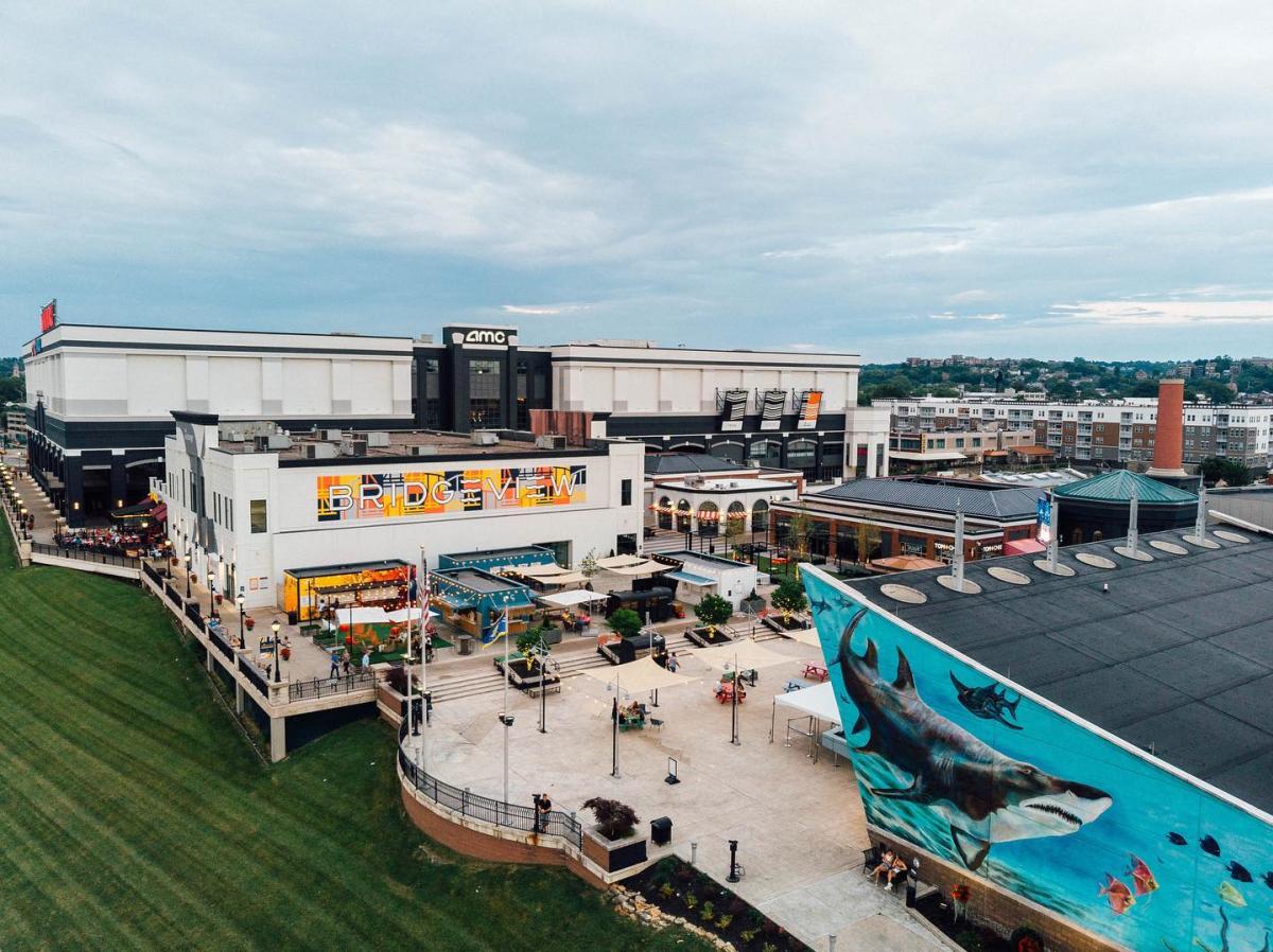 View of Newport on the Levee from a drone with the Aquarium and Bridgeview Box Park in the foreground