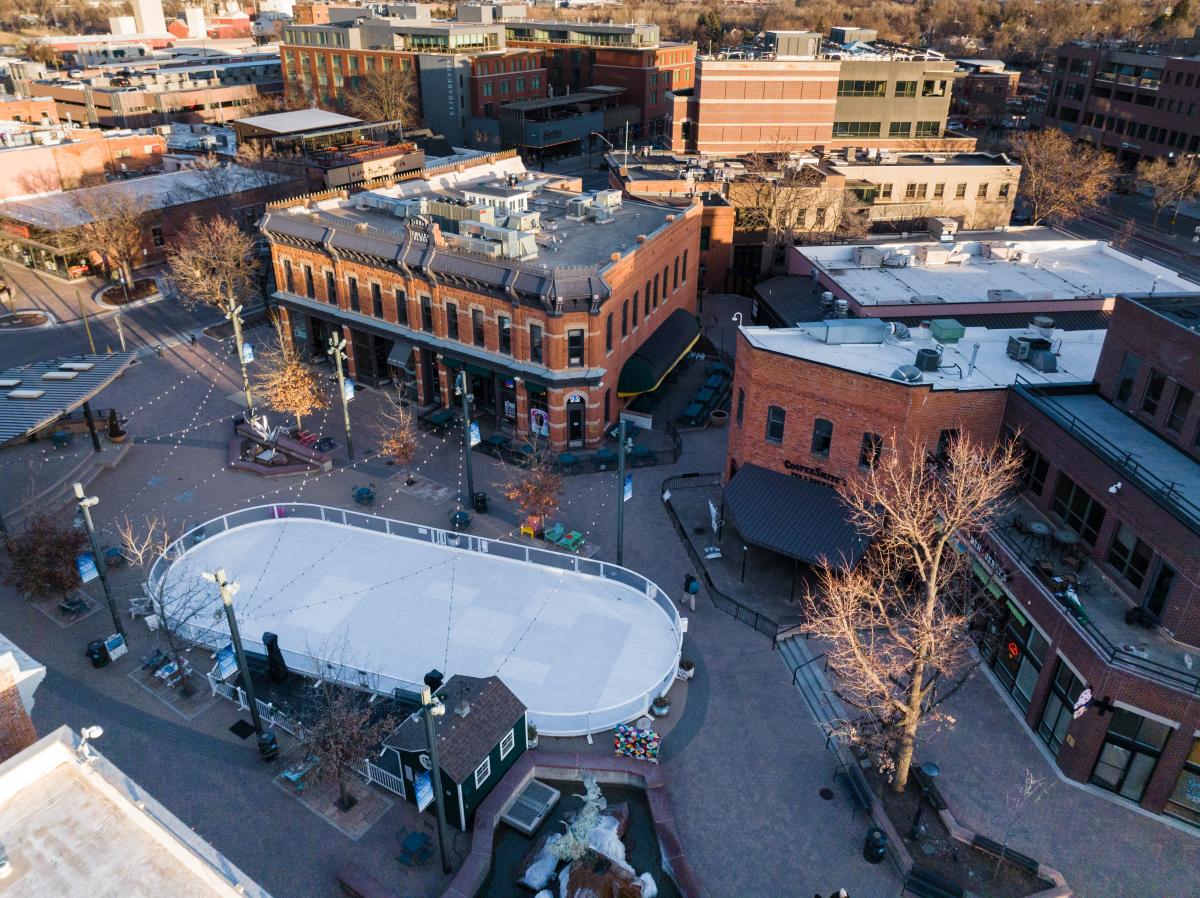 Aerial drone shot of the ice skating rink in Old Town Square
