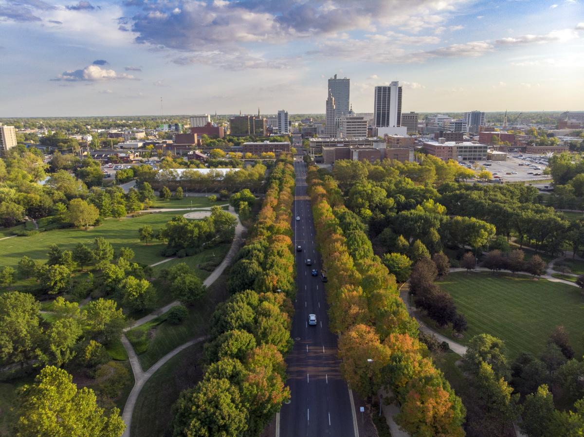 Aerial image of downtown Fort Wayne, Indiana during the fall.