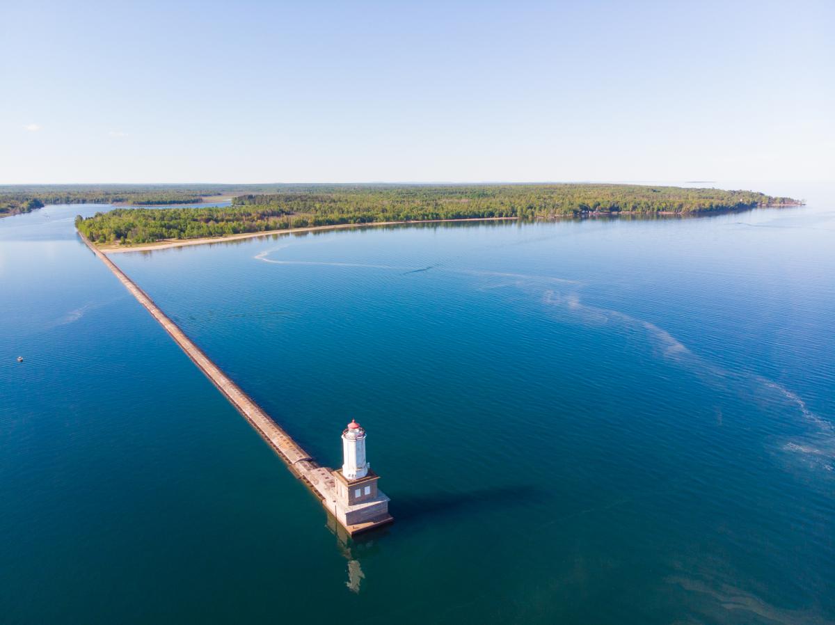 A drone shot of the Keweenaw Waterway's Lower Entry