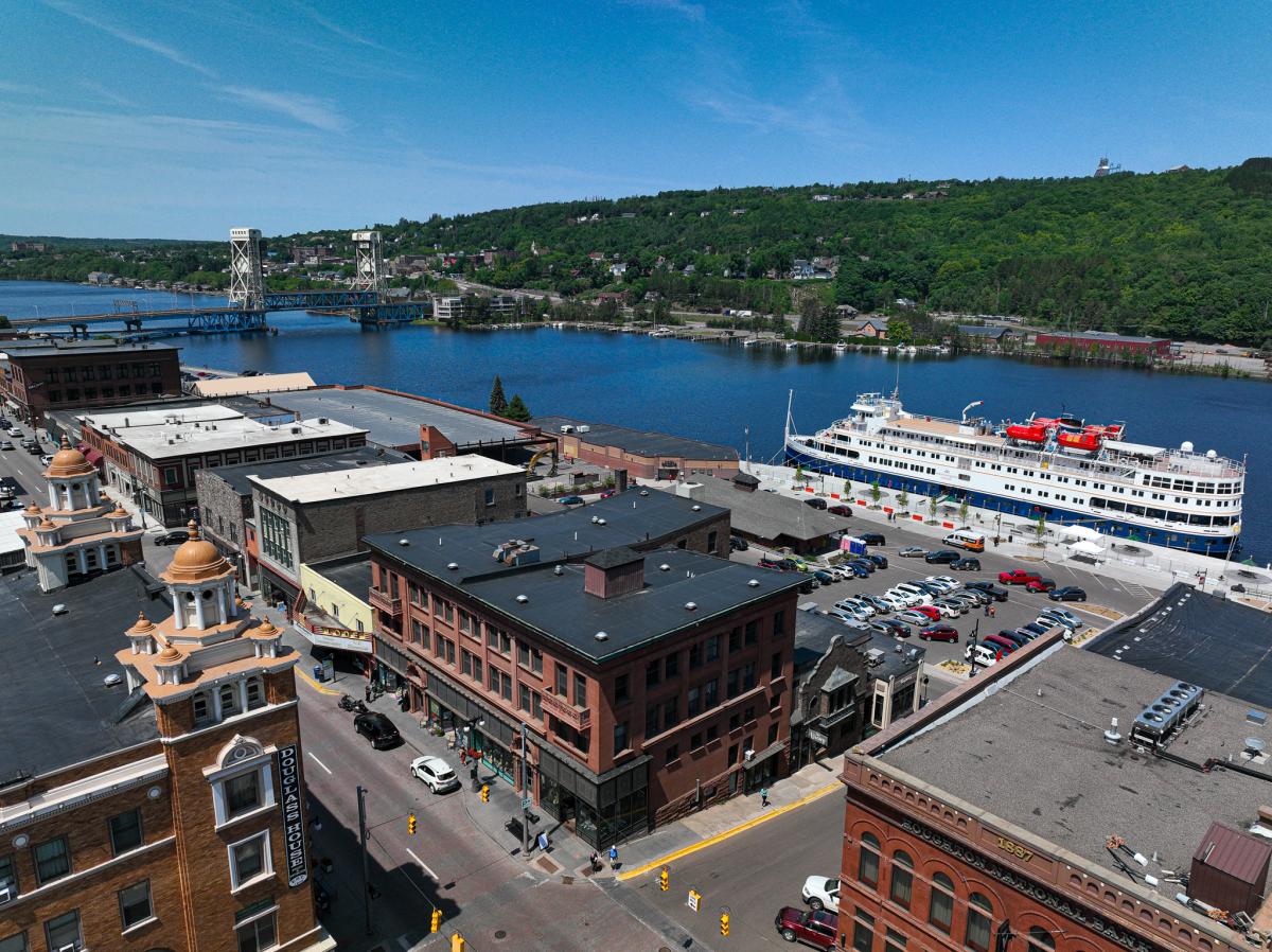 Cruise ship docked in Houghton Michigan at downtown pier