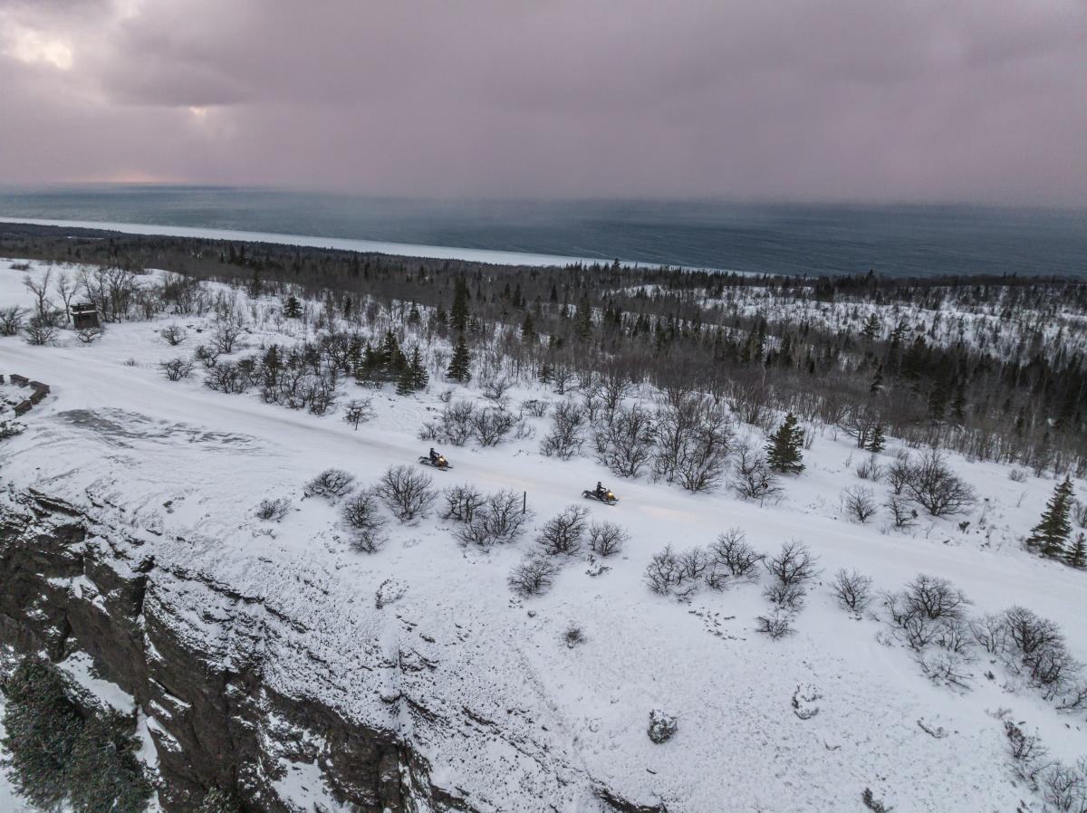 Snowmobiles on top of Brockway Mountain Drive