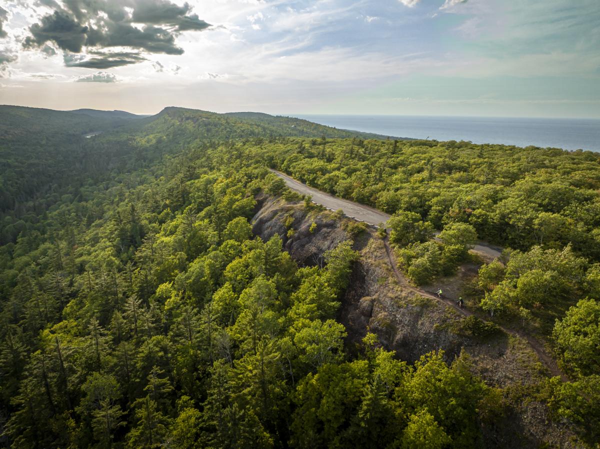 Drone shot of Brockway Mountain Drive at sunset