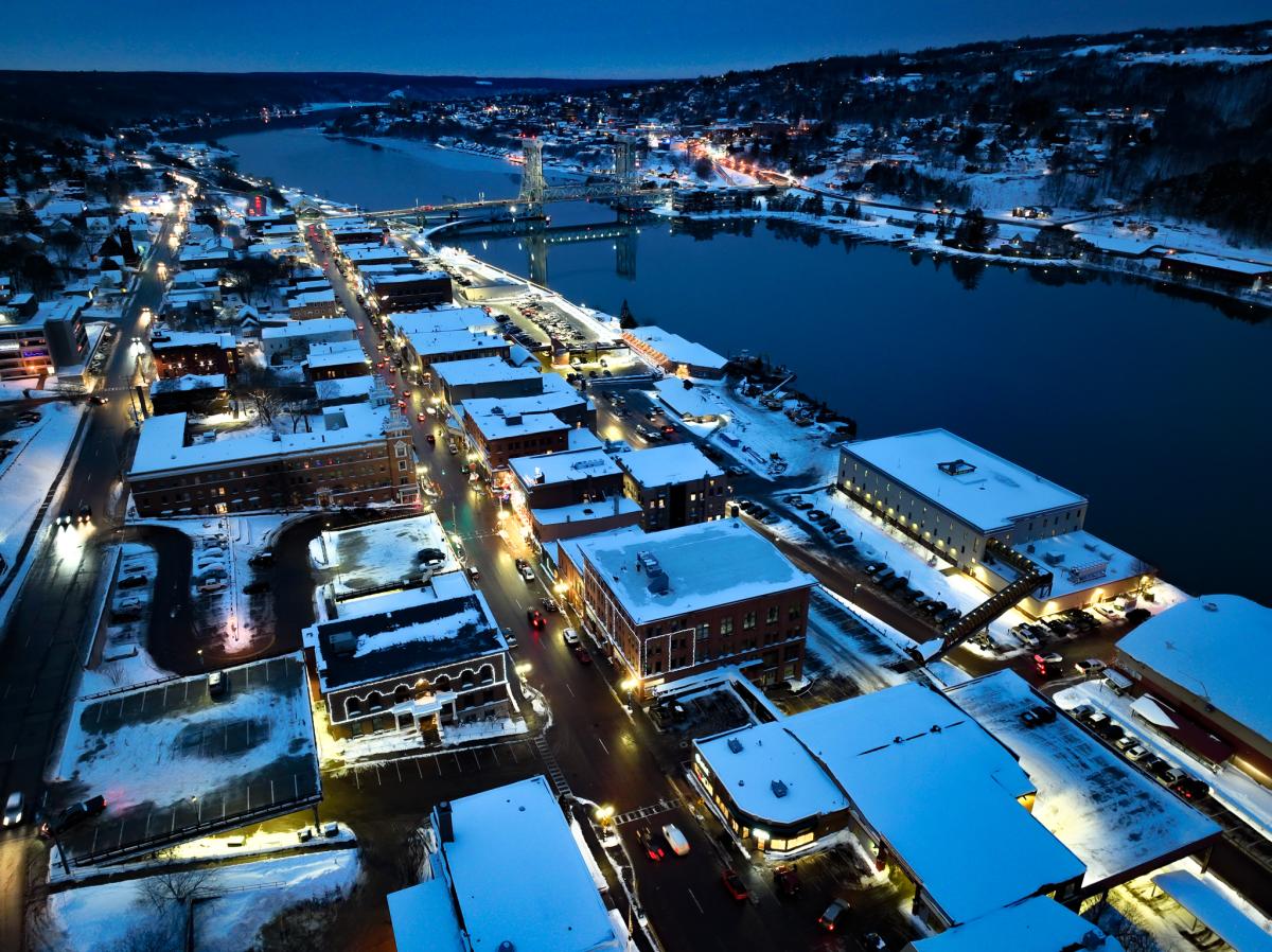 Aerial of Downtown Houghton in Winter
