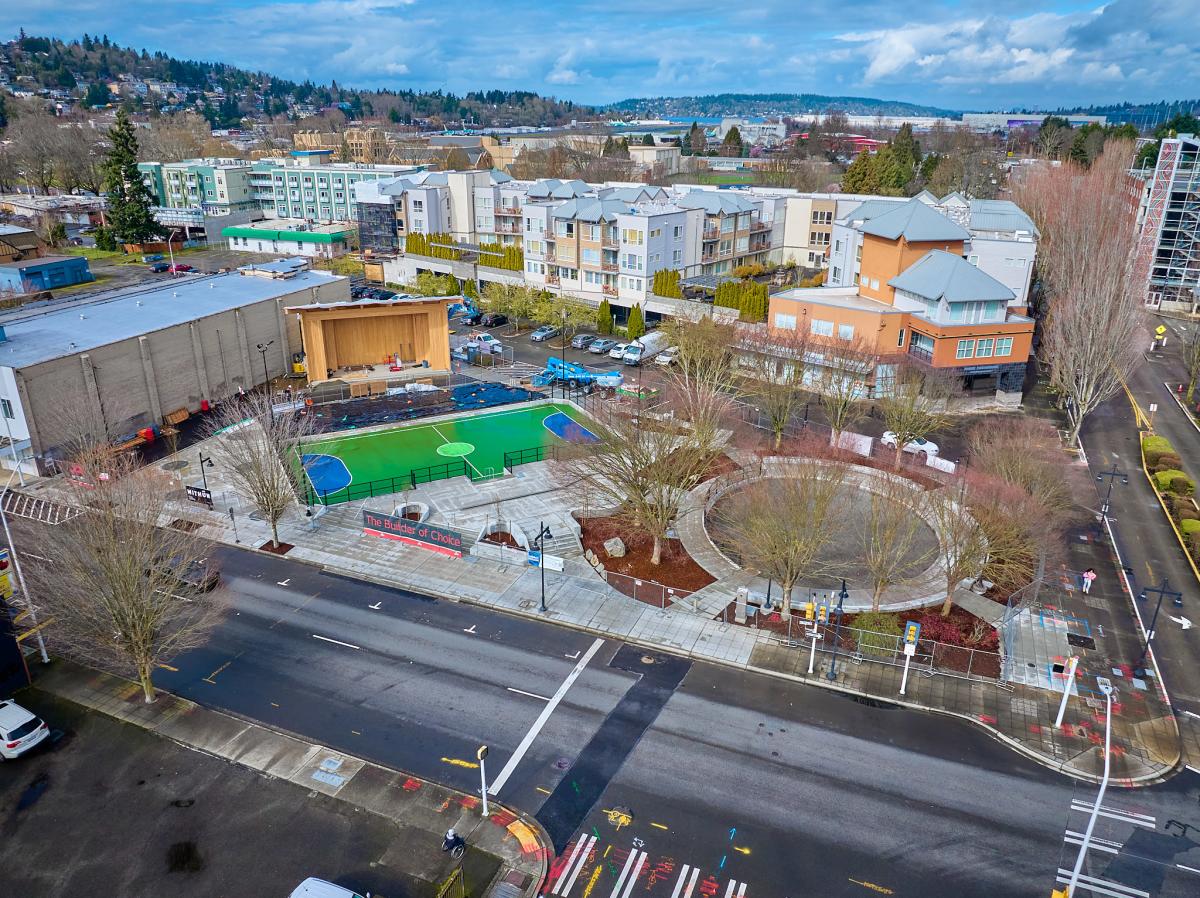 Legacy Square, a public square in downtown Renton featuring stage, futsal court and spot for a new playground.