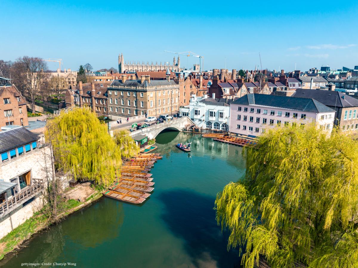 An aerial view of the River Cam on a bright day.
