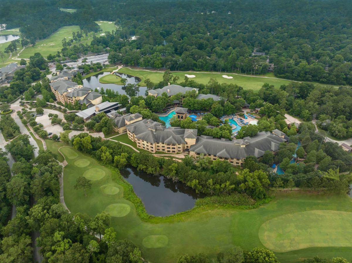 aerial photo of The Woodlands Resort buildings and golf course in The Woodlands, Texas