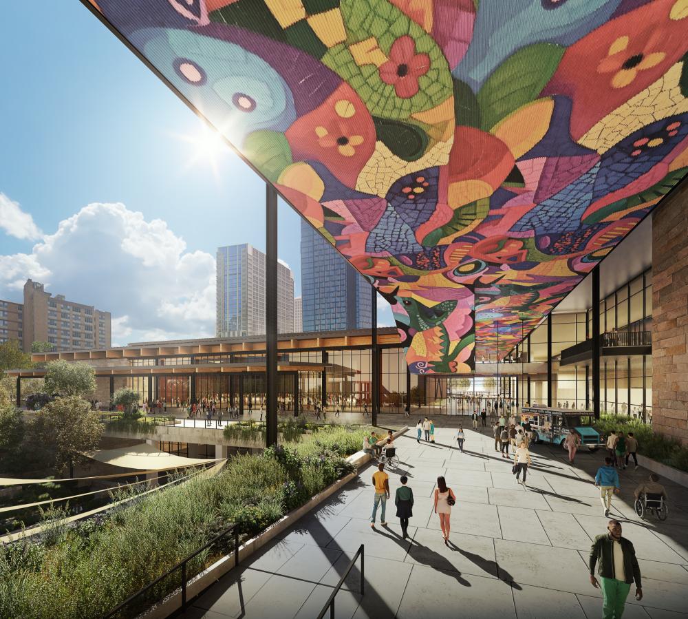 Austin Convention Center rendering shows the outdoor paseo looking towards a ballroom with pedestrians along the walkway in the foreground. The city skyline is in the back, and the paseo ceiling is covered with a mosaic along the length of the walkway