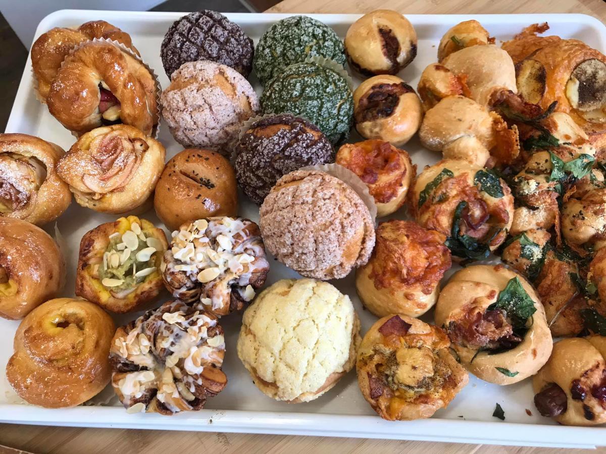 Tray filled with various Japanese breads and pastries from Chako Bakery in Covington, Ky.