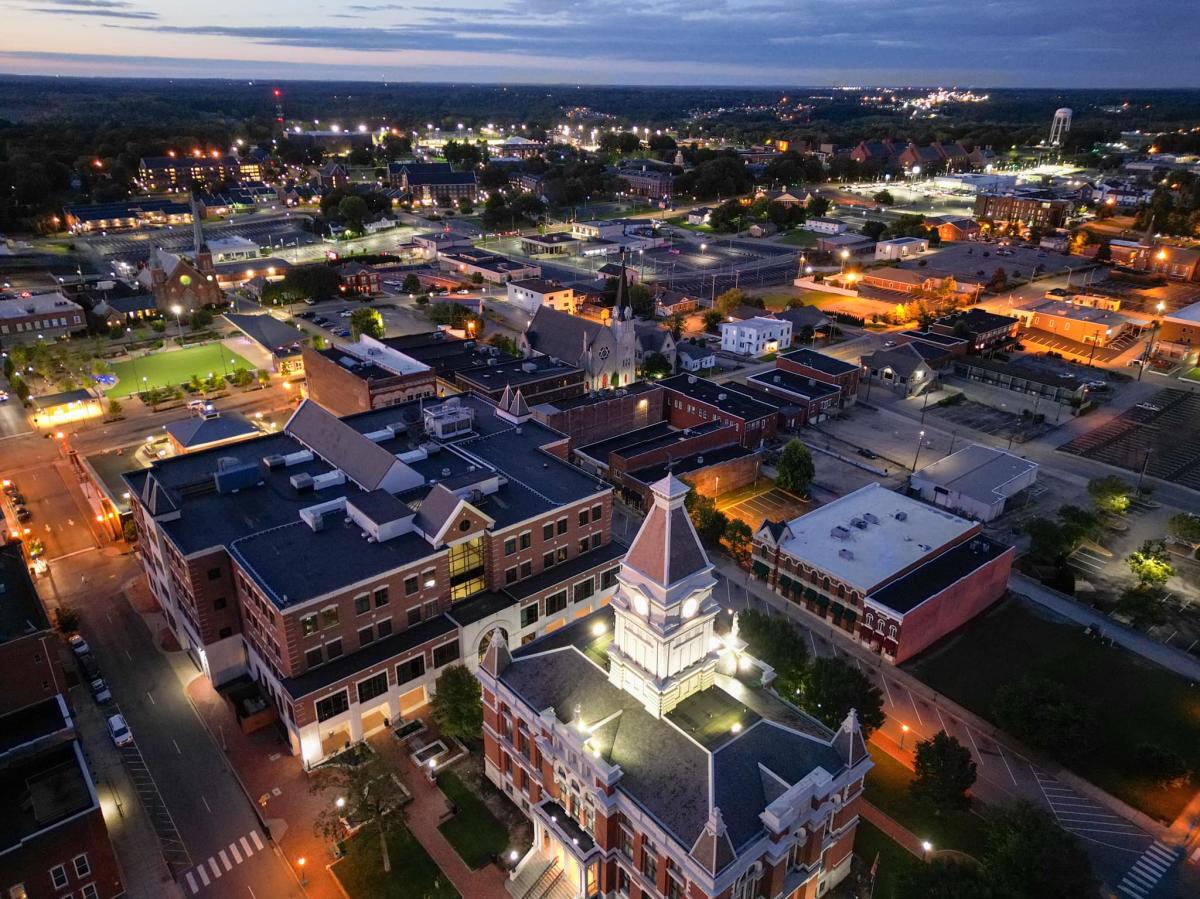 Drone shot of downtown Clarksville at dusk