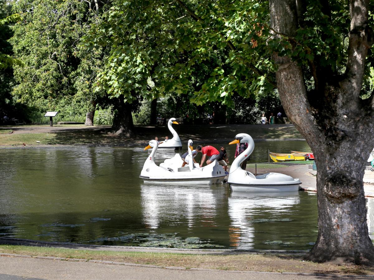 Swan boats on Castle Park Boating Lake